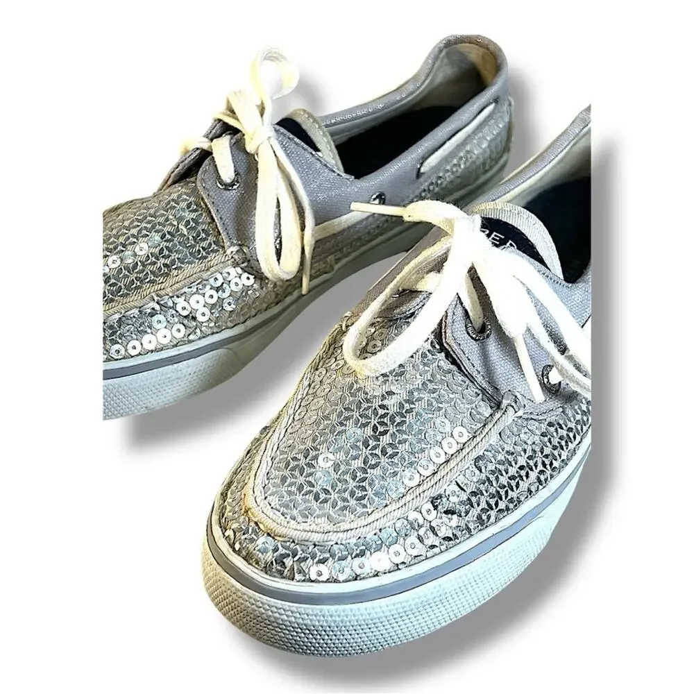 SPERRY TOP SIDERS Silver Sequin and Ivory or beige SZ 7.5